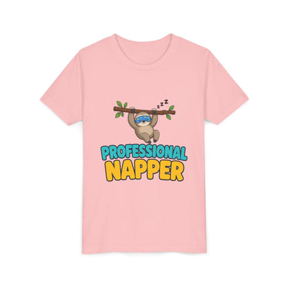 Kids pink crewneck t-shirt with sloth graphic and "PROFESSIONAL NAPPER" text