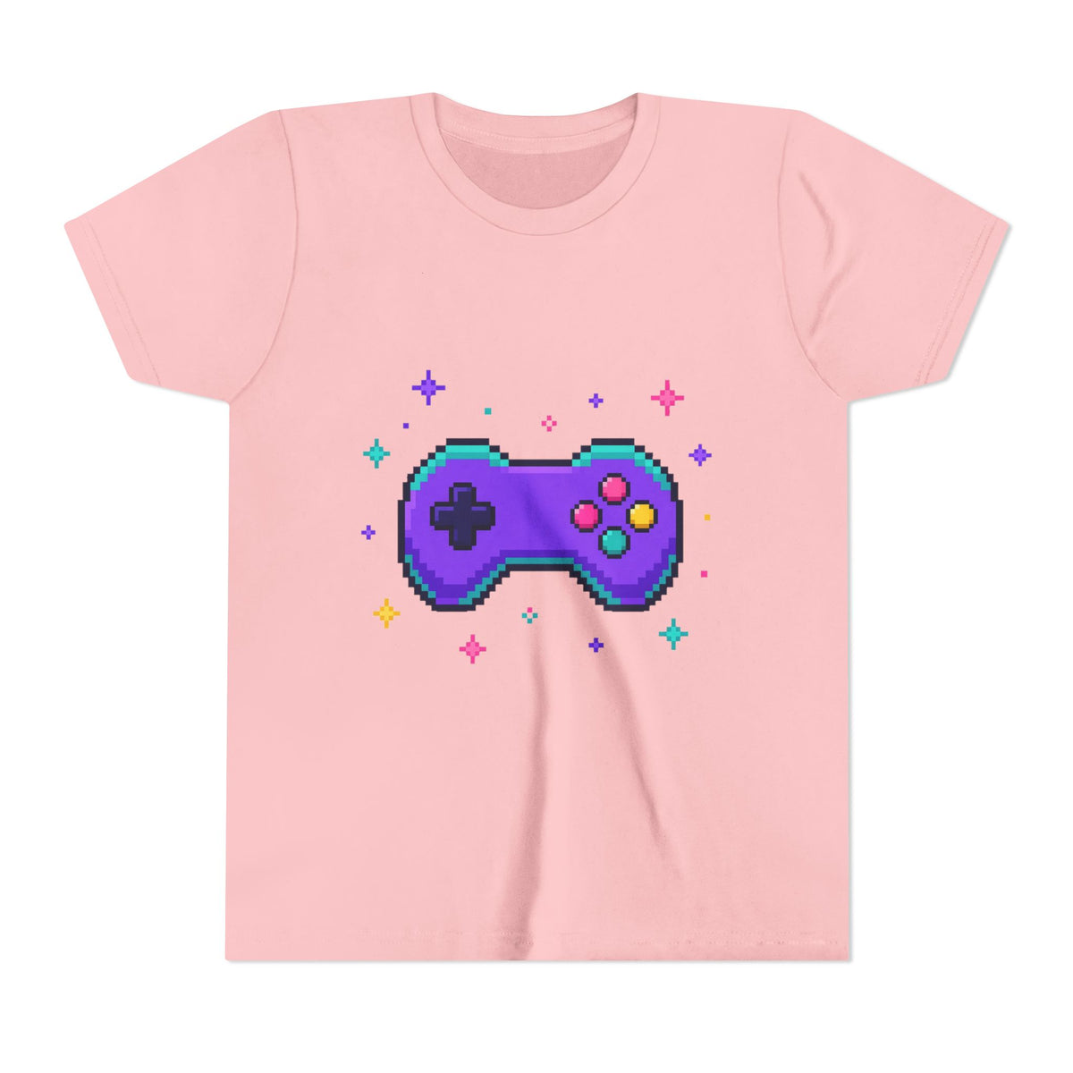Kids graphic t-shirt in pink with pixel game controller design in teal and purple