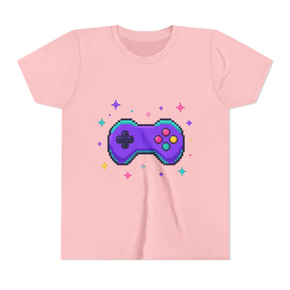 Kids graphic t-shirt in pink with pixel game controller design in teal and purple