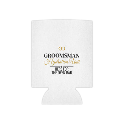 White koozie with gold “Groomsman Hydration Unit” text and open bar wording