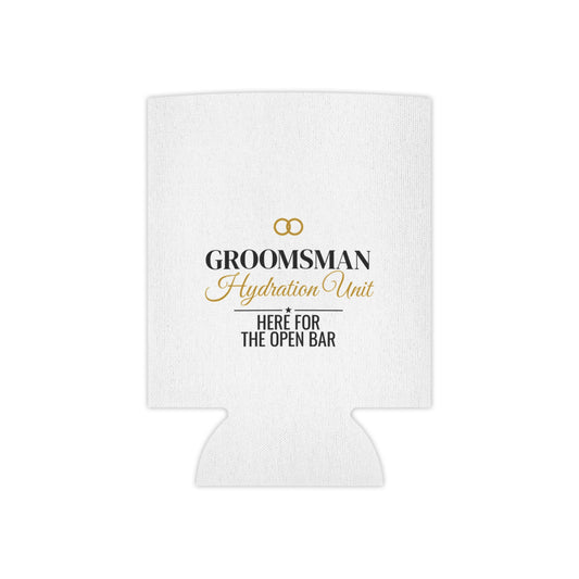 White koozie with gold “Groomsman Hydration Unit” text and open bar wording