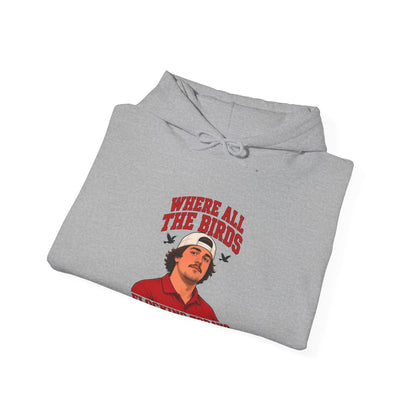 Sport grey folded graphic hoodie with hood drawstrings and bird slogan print