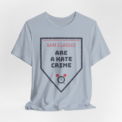 Light blue short-sleeve crewneck T-shirt with “8AM CLASSES” front graphic