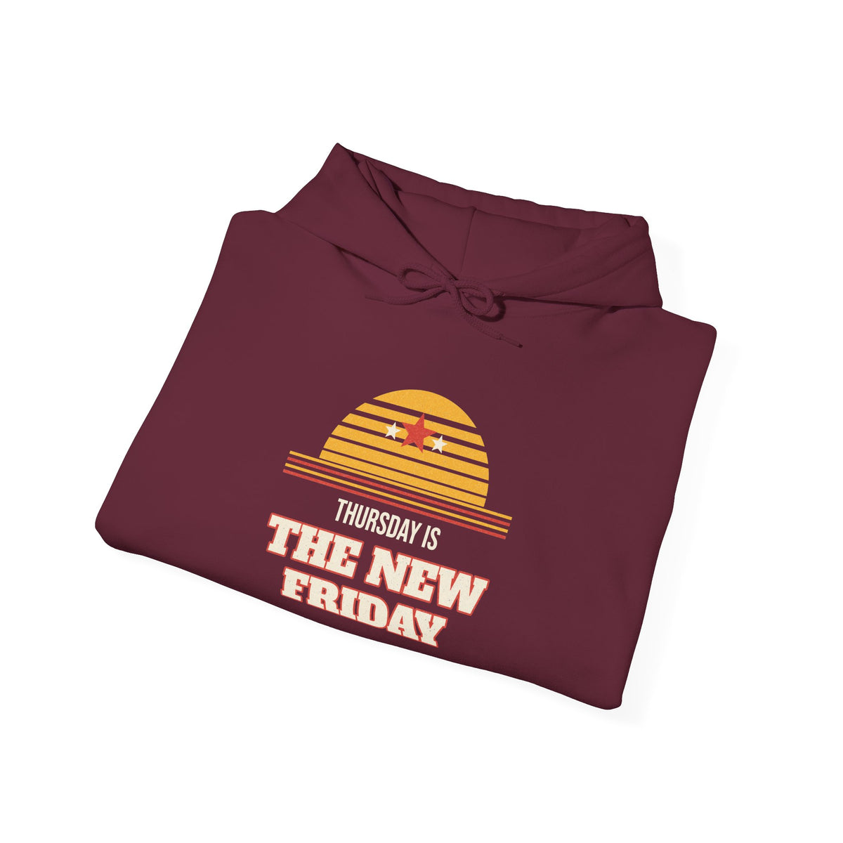 Maroon pullover hoodie with 'The New Friday' chest graphic
