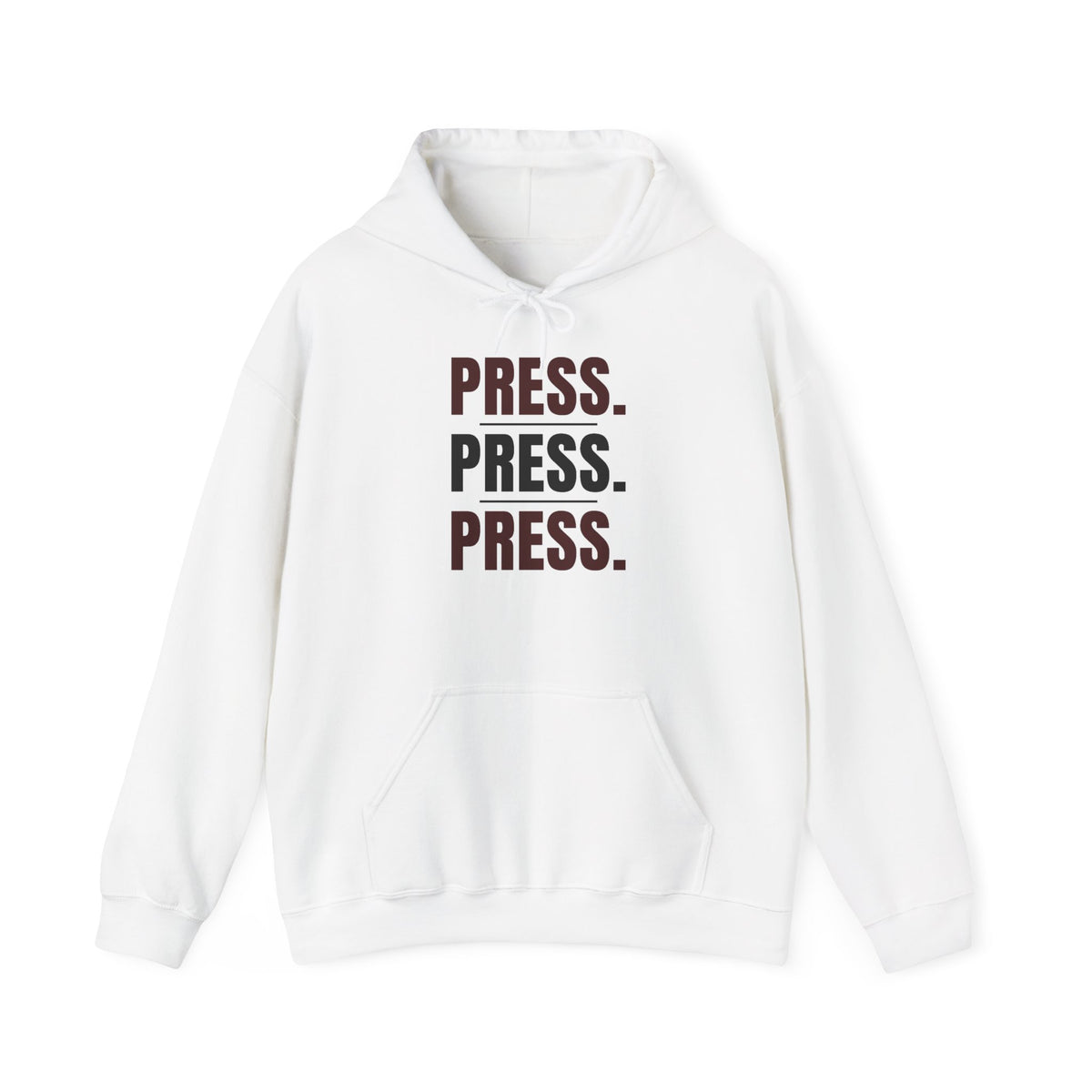 White pullover hoodie with front pouch pocket and drawstring, 'PRESS. PRESS. PRESS.' print