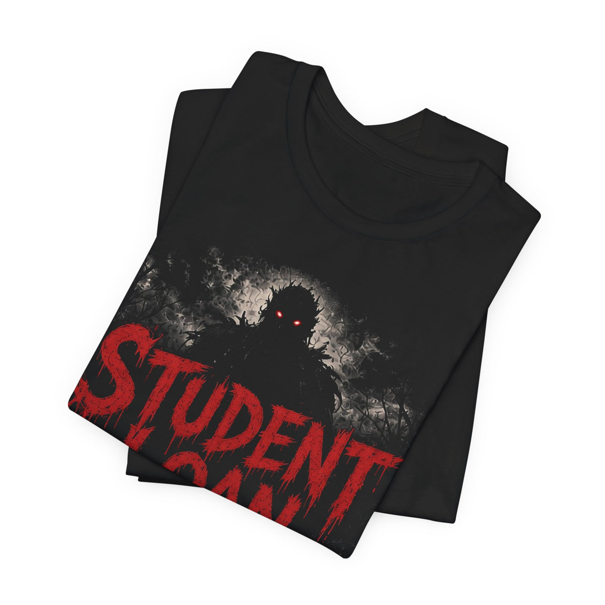 Black crewneck T-shirt stack with large red Student Loan Debt graphic