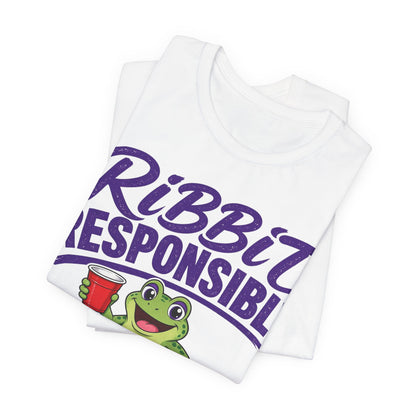 White crewneck T-shirt, angled, with purple 'RIBBIT RESPONSIBLY' text and green frog graphic