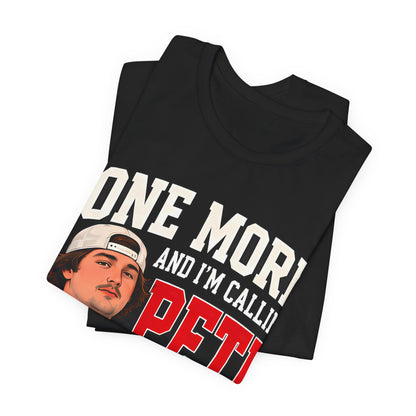 Black crewneck T-shirt with large 'ONE MORE' 'PETE' graphic and character.