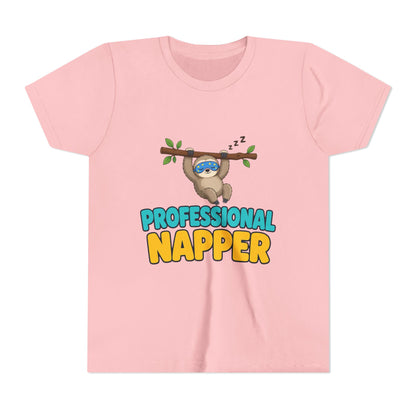 Kids pink crew-neck tee with sloth under "PROFESSIONAL NAPPER" front graphic