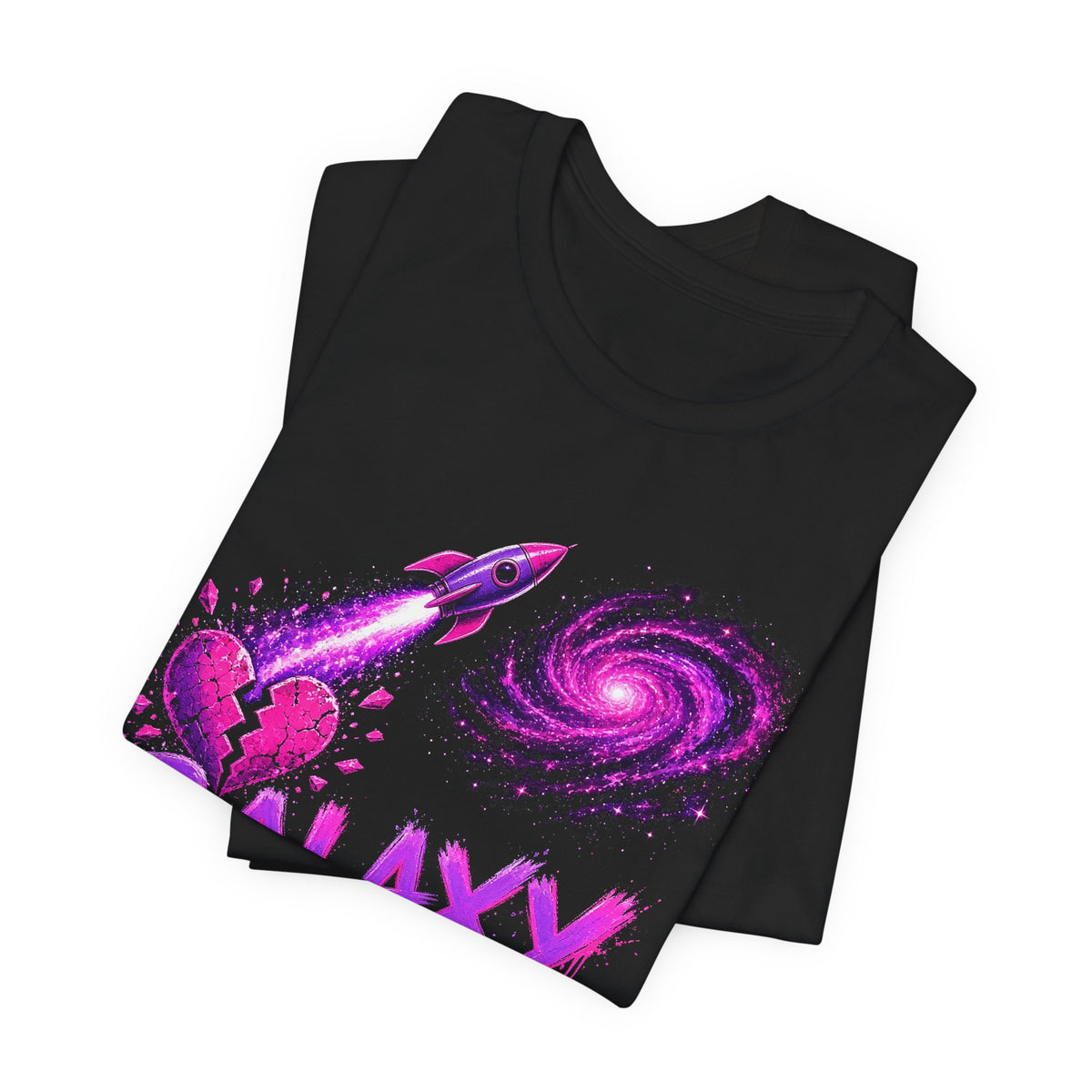 Black crewneck graphic t-shirt folded, showing purple rocket, galaxy swirl and heart