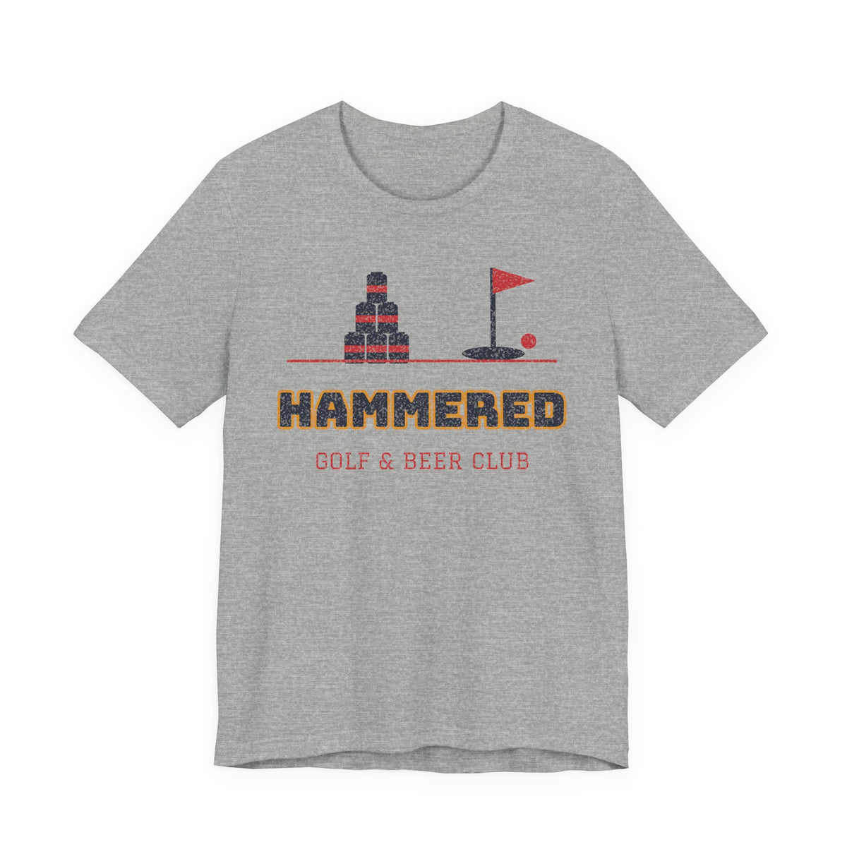 Heather gray crewneck T-shirt with 'HAMMERED' golf & beer club graphic