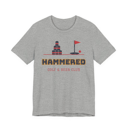 Heather gray crewneck T-shirt with 'HAMMERED' golf & beer club graphic