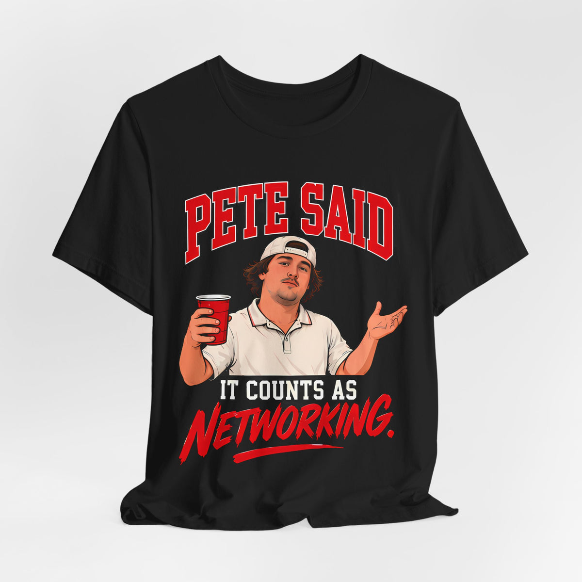 Black crewneck graphic tee with “PETE SAID” character holding a red cup, “NETWORKING”