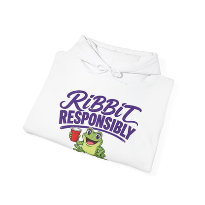 White folded hoodie with drawstring hood and Ribbit Responsibly frog front print