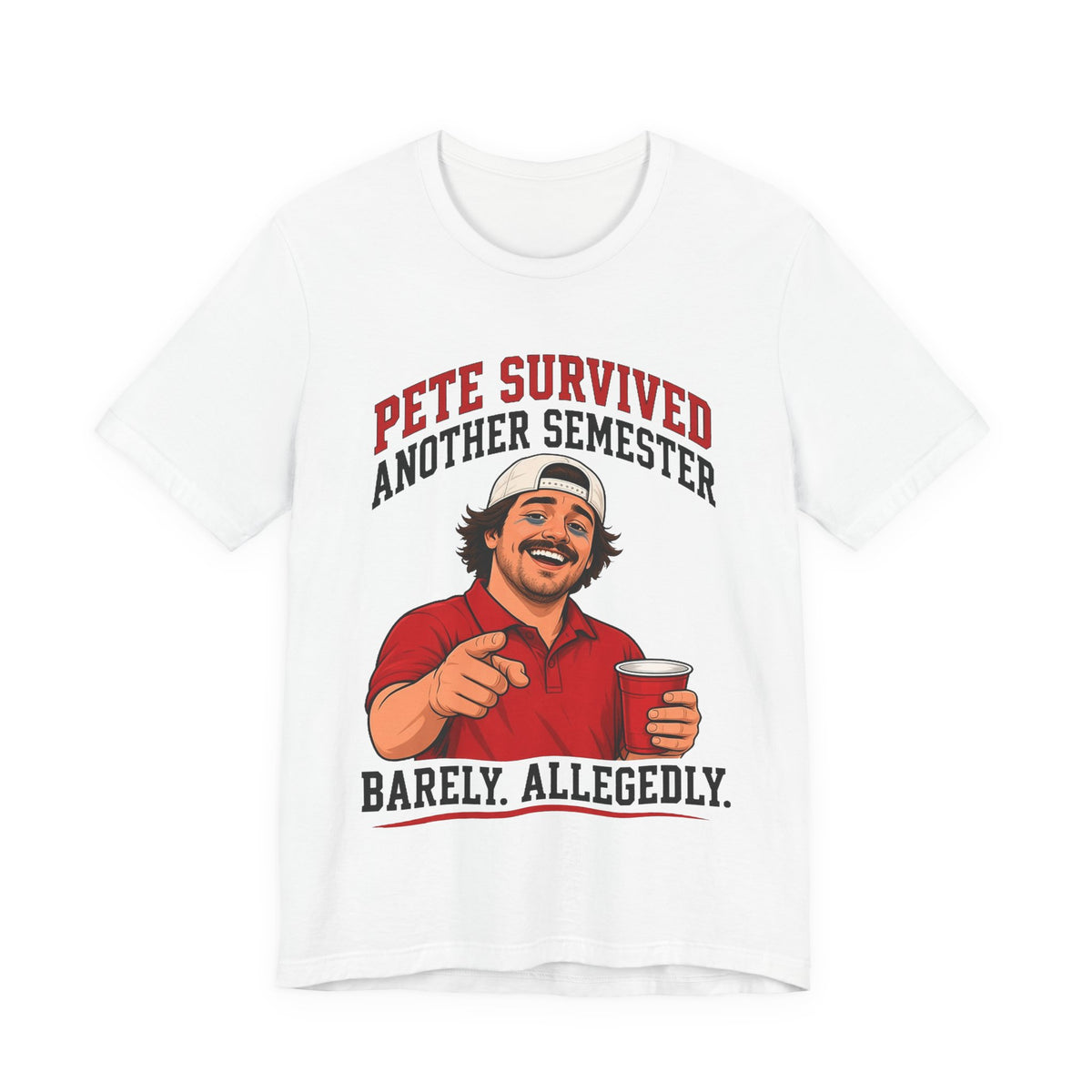 White crewneck graphic T-shirt with red character holding a drink, short sleeves.