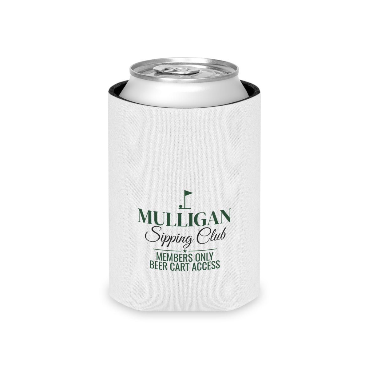White can cooler koozie with green Mulligan Sipping Club logo and silver can top