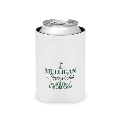 White can cooler koozie with green Mulligan Sipping Club logo and silver can top