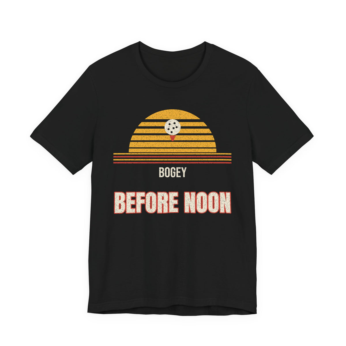 Black t-shirt with yellow-red golf striped graphic and text: BOGEY BEFORE NOON