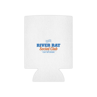 White can koozie with River Rat Social Club logo and blue waves above the text