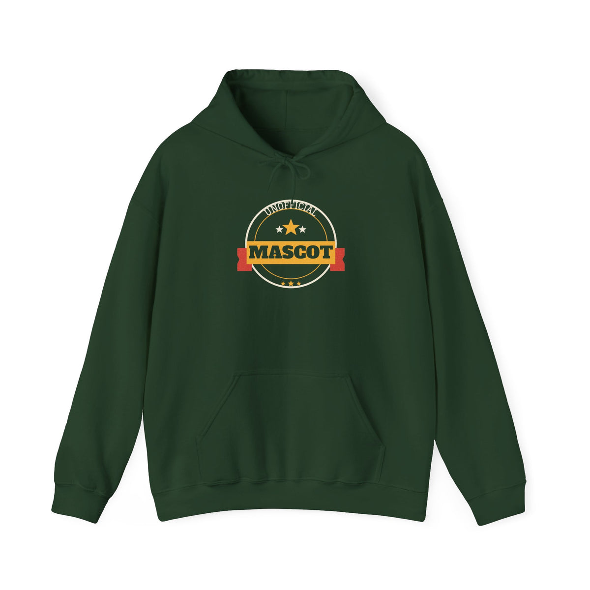 Forest green pullover hoodie with hood, drawstrings, and front mascot logo graphic