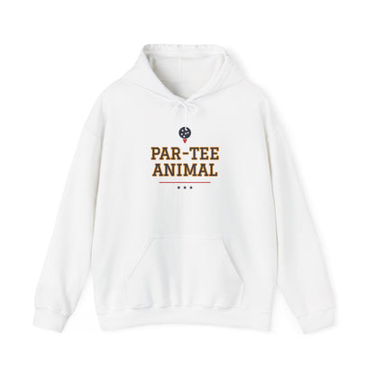 White pullover hoodie with kangaroo pocket, drawstrings, animal graphic chest print.