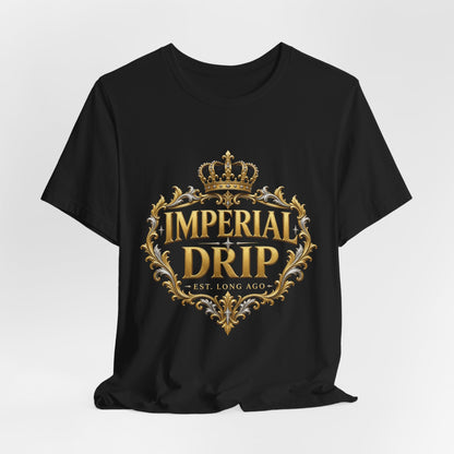 Black crewneck t-shirt front with gold crown emblem and ornate lettering
