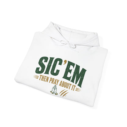 White folded pullover hoodie with green “SIC’EM” front print and drawstring hood