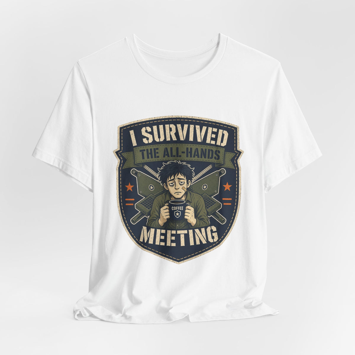 White crewneck T-shirt with “I Survived the All-Hands Meeting” character shield graphic