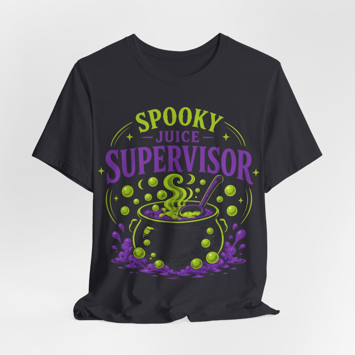 Front-view dark grey crewneck T-shirt with neon cauldron Spooky Juice Supervisor graphic