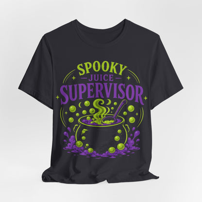 Front-view dark grey crewneck T-shirt with neon cauldron Spooky Juice Supervisor graphic