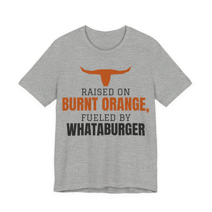 Heather gray crewneck T-shirt with orange longhorn and front slogan graphic