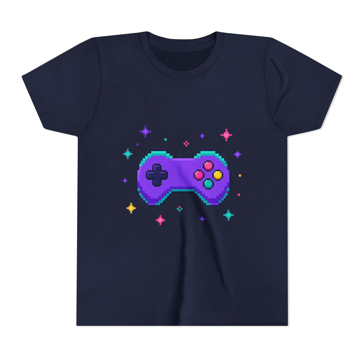Kids graphic t-shirt in navy with pixel game controller design in teal and magenta