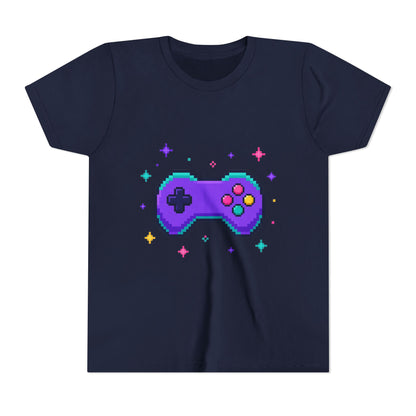 Kids graphic t-shirt in navy with pixel game controller design in teal and magenta