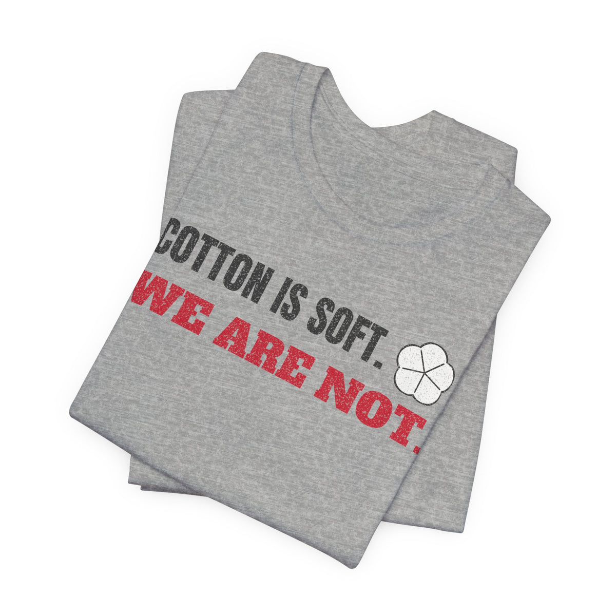 Heather gray cotton T-shirt with large diagonal slogan and fist icon graphic