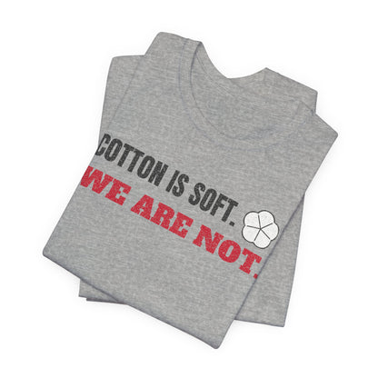 Heather gray cotton T-shirt with large diagonal slogan and fist icon graphic