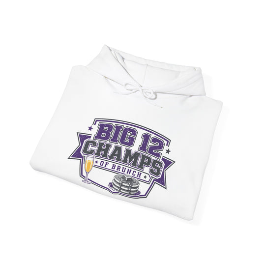 White hoodie with purple 'Big 12 Champs of Brunch' logo on chest