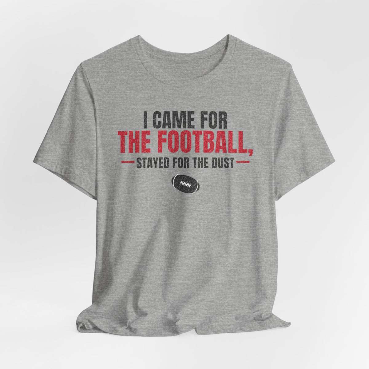 Heather gray football graphic t-shirt with centered red and black text and football icon
