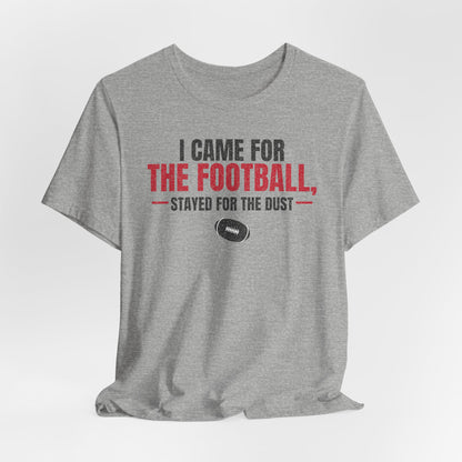 Heather gray football graphic t-shirt with centered red and black text and football icon