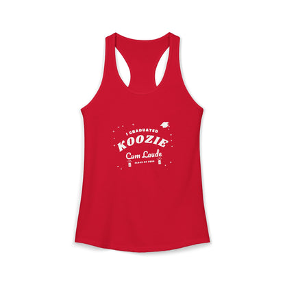 Red racerback tank top with “I graduated” style graduation slogan graphic on front