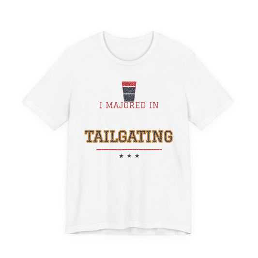 White graphic T-shirt with “I majored in Tailgating” print