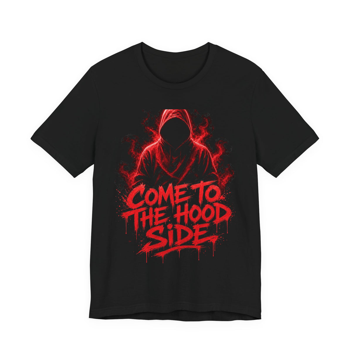 Black crew-neck graphic T-shirt with red hooded figure and “COME TO THE HOOD SIDE” print