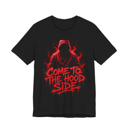 Black crew-neck graphic T-shirt with red hooded figure and “COME TO THE HOOD SIDE” print