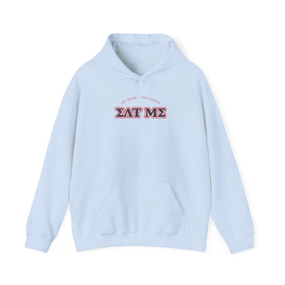 Light blue pullover hoodie with hood drawstrings, kangaroo pocket, and chest graphic