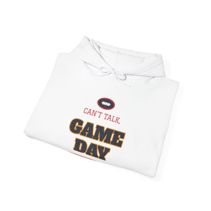 White pullover hoodie with front pouch, drawstring hood, and "CAN'T TALK GAME DAY" graphic