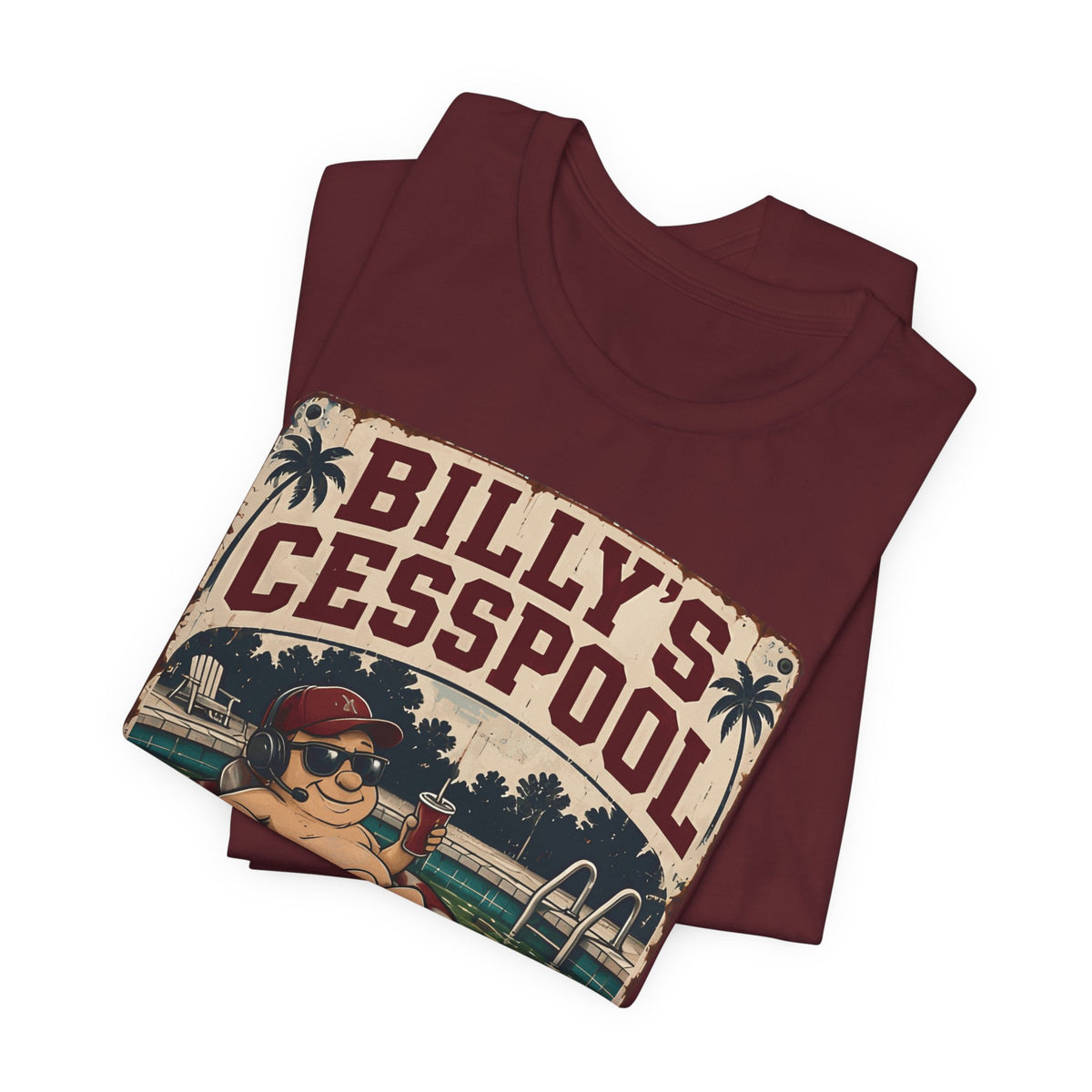 Maroon T-shirt folded, featuring Billy's Cesspool graphic across chest