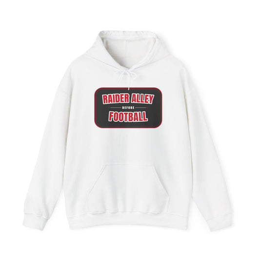 White pullover hoodie with hood, front pocket, and Raider Alley Football logo patch