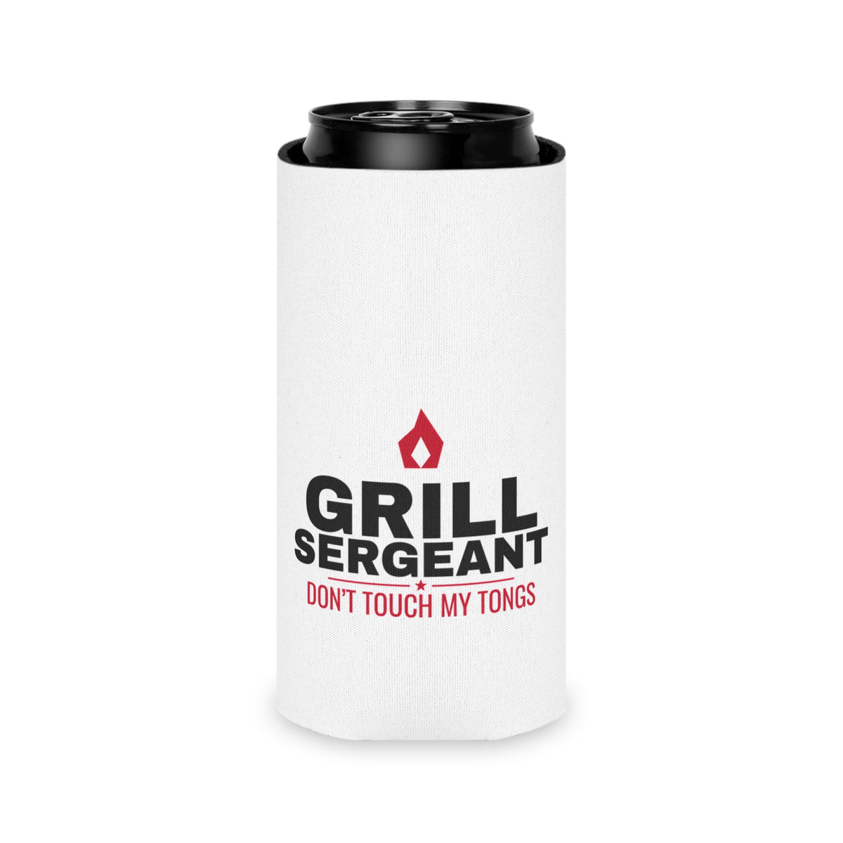 White can koozie with Grill Sergeant logo on a black can, red flame and slogan