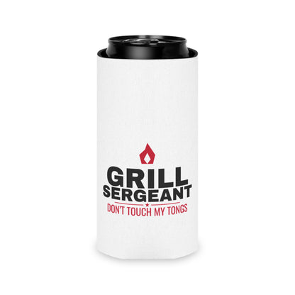 White can koozie with Grill Sergeant logo on a black can, red flame and slogan