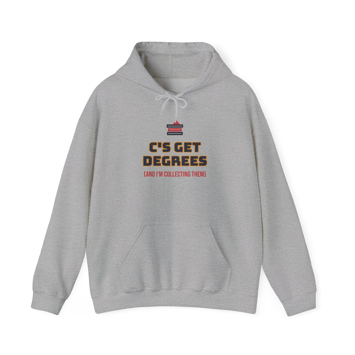 Light gray pullover hoodie with front graduation-themed graphic, hood, and kangaroo pocket