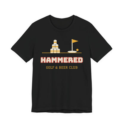 Black crewneck T-shirt with 'HAMMERED' golf & beer club graphic